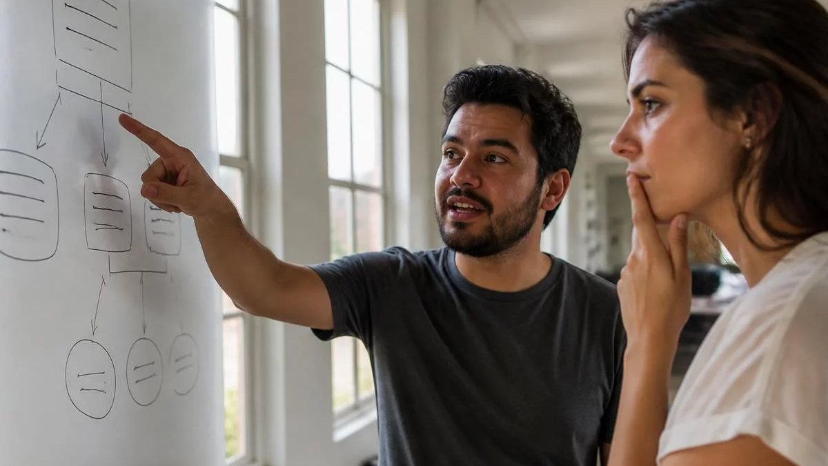 Duas participantes de pé diante do quadro branco, montando um argumento a caneta